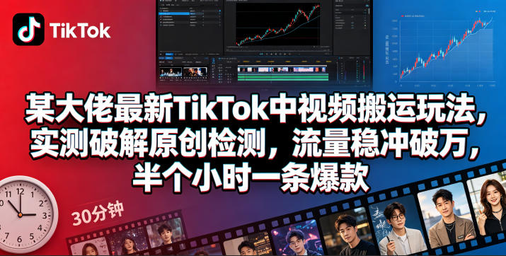 某大佬最新TikTok中视频搬运玩法，实测破解原创检测，流量稳冲破万，半个小时一条爆款| 鹿鸣网创