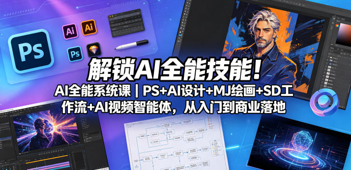 解锁AI全能技能！AI全能系统课｜PS+AI设计+MJ绘画+SD工作流+AI视频智能体，从入门到商业落地| 鹿鸣网创