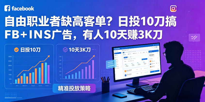 自由职业者缺高客单？日投10刀搞FB+INS广告，有人10天赚3K刀！【原创双语字幕】| 鹿鸣网创