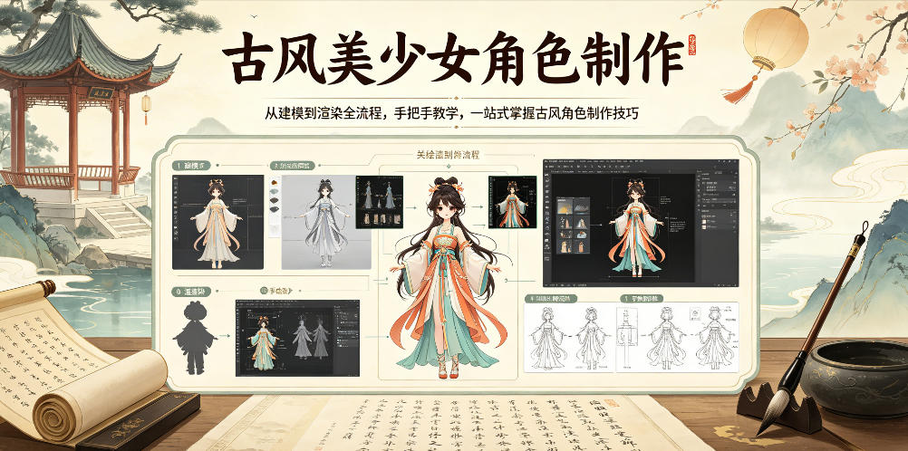 古风美少女角色制作，从建模到渲染全流程，手把手教学，一站式掌握古风角色制作技巧| 鹿鸣网创