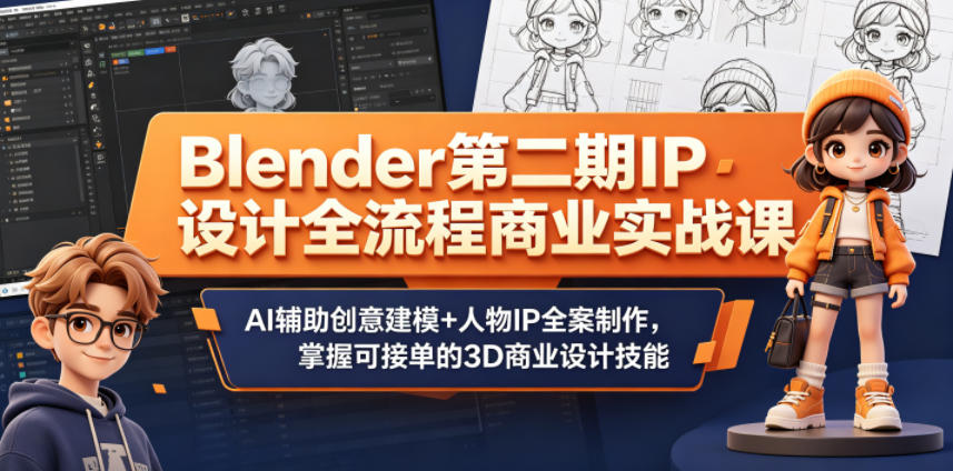 Blender第二期IP设计全流程商业实战课，AI辅助创意建模+人物IP全案制作，掌握可接单的3D商业设计技能| 鹿鸣网创