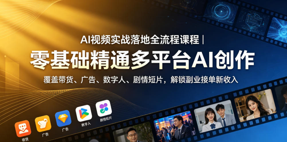 AI视频实战落地全流程课程｜零基础精通多平台AI创作，覆盖带货、广告、数字人、剧情短片，解锁副业接单新收入| 鹿鸣网创