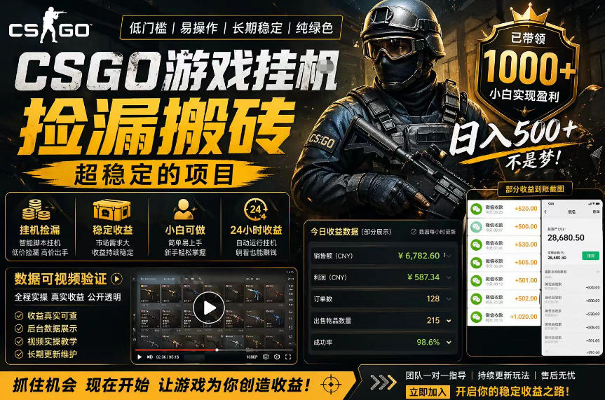 CSGO游戏搬砖，全自动挂G，不需要玩游戏，手机操作日入300+，解放双手【揭秘】| 鹿鸣网创