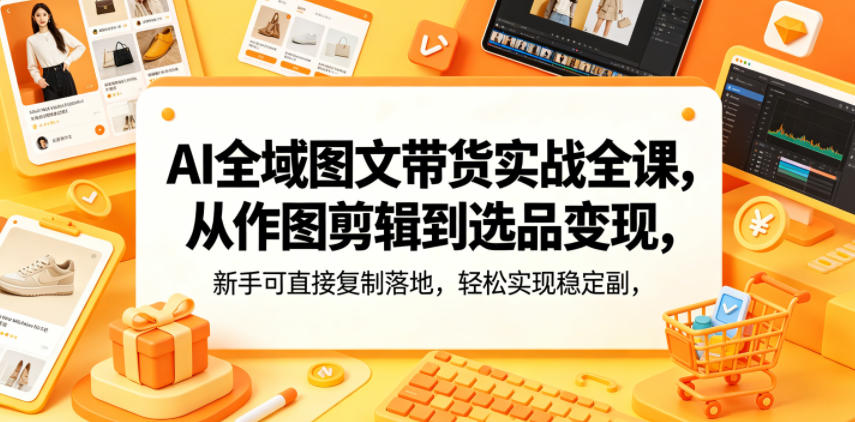 AI全域图文带货实战全课，从作图剪辑到选品变现，新手可直接复制落地，轻松实现稳定副业增收| 鹿鸣网创