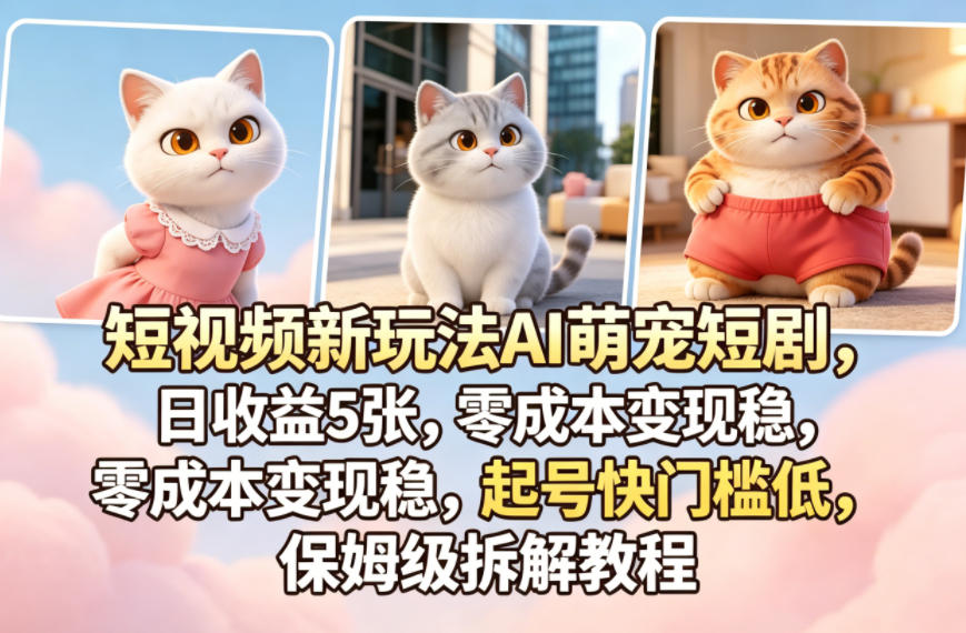 短视频新玩法AI萌宠短剧，日收益5张，零成本变现稳，起号快门槛低，保姆级拆解教程| 鹿鸣网创