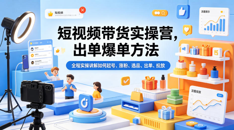 短视频带货实操营，出单爆单方法，全程实操讲解如何起号、涨粉、选品、出单、投放| 鹿鸣网创