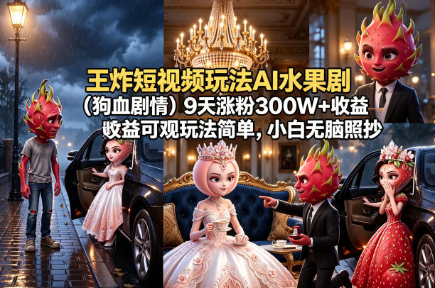 王炸短视频玩法AI水果剧（狗血剧情）9天涨粉300W+收益可观玩法简单，小白无脑照抄，详细拆解玩法| 鹿鸣网创