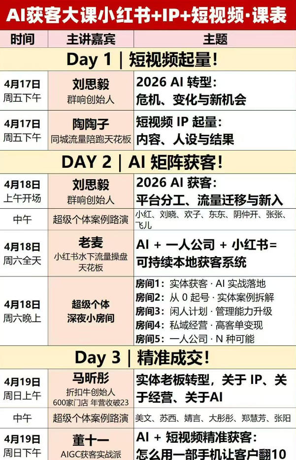 AI获客大课小红书+IP+短视频3天2夜线下课，用最真实的一线案例，最前沿的AI工具，最有效的流量打法（完整版）| 鹿鸣网创