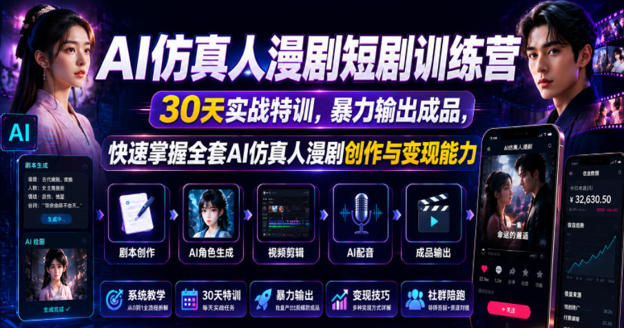 AI仿真人漫剧短剧训练营，30天实战特训，暴力输出成品，快速掌握全套AI仿真人漫剧创作与变现能力| 鹿鸣网创