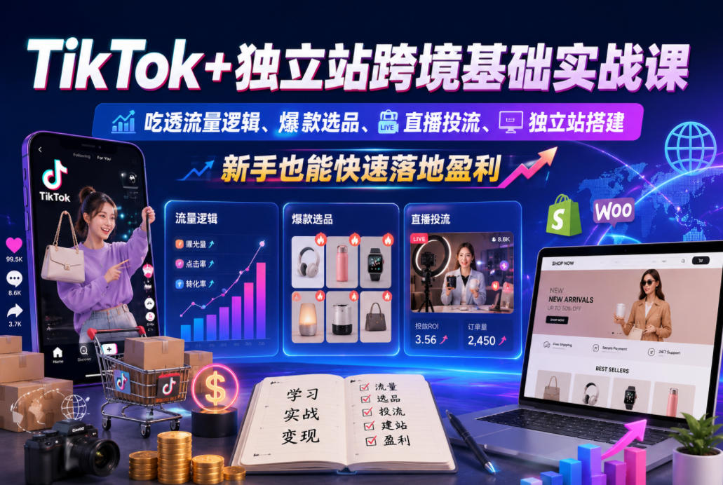 TikTok+独立站跨境基础实战课，吃透流量逻辑、爆款选品、直播投流与独立站搭建，新手也能快速落地盈利| 鹿鸣网创