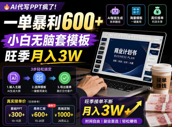 AI代写PPT疯了！一单暴利600+，小白无脑套模板，旺季月入3W，不用苦哈哈引流【揭秘】| 鹿鸣网创