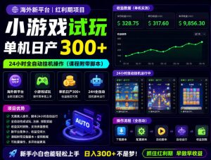 海外新平台，小游戏试玩，单机日产300+，24小时全自动挂G操作（课程附带脚本）【揭秘】| 鹿鸣网创
