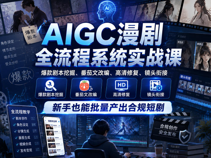 AIGC漫剧全流程系统实战课，爆款剧本挖掘、番茄文改编、高清修复、镜头衔接，新手也能批量产出合规短剧| 鹿鸣网创