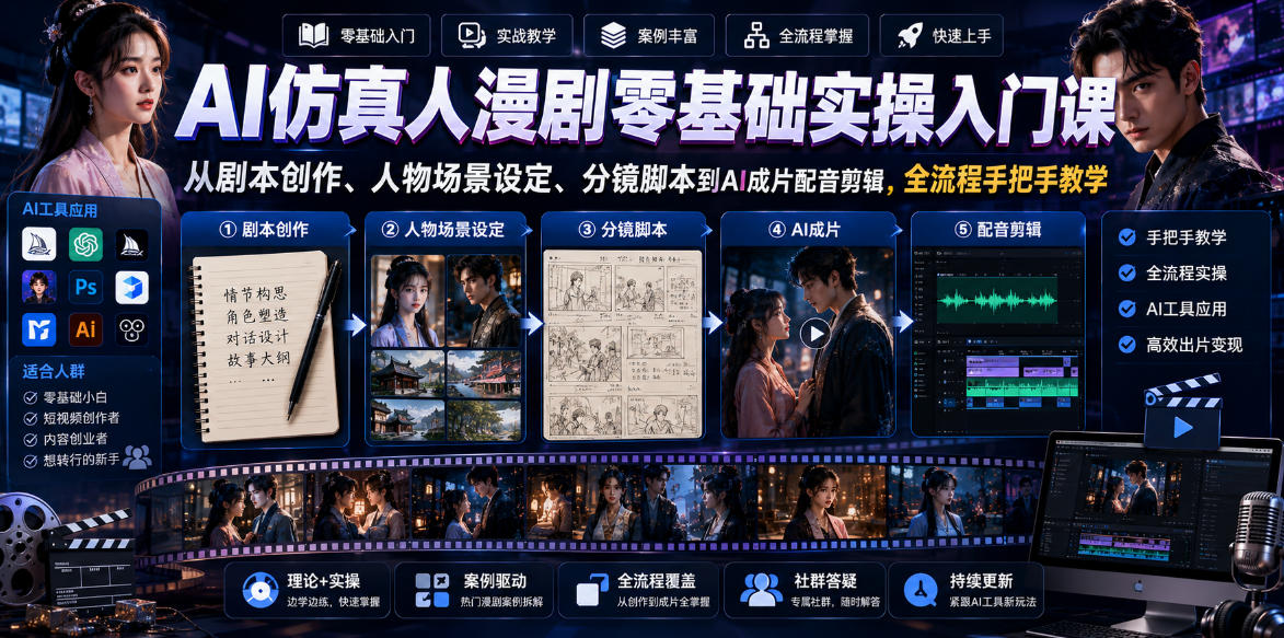 AI仿真人漫剧零基础实操入门课，从剧本创作、人物场景设定、分镜脚本到AI成片配音剪辑，全流程手把手教学| 鹿鸣网创