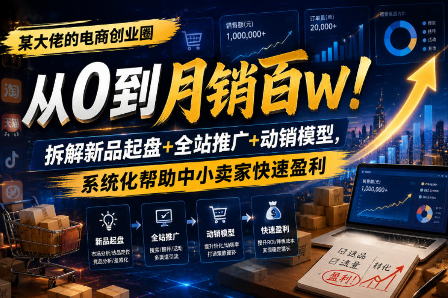 某大佬的电商创业圈从0到月销百W！拆解新品起盘+全站推广+动销模型，系统化帮助中小卖家快速盈利| 鹿鸣网创