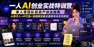 一人AI创业实战特训营，单人零团队轻资产创业指南，AI数字人+IP打造+短视频流量全套路落地变现教程| 鹿鸣网创
