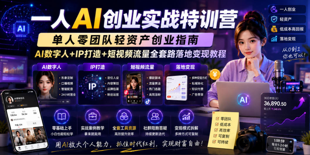 一人AI创业实战特训营，单人零团队轻资产创业指南，AI数字人+IP打造+短视频流量全套路落地变现教程| 鹿鸣网创