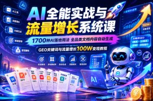 AI全能实战与流量增长系统课，1700种AI落地用法，全品类文档内容自动生成，GEO关键词与流量增长100W变现教程| 鹿鸣网创