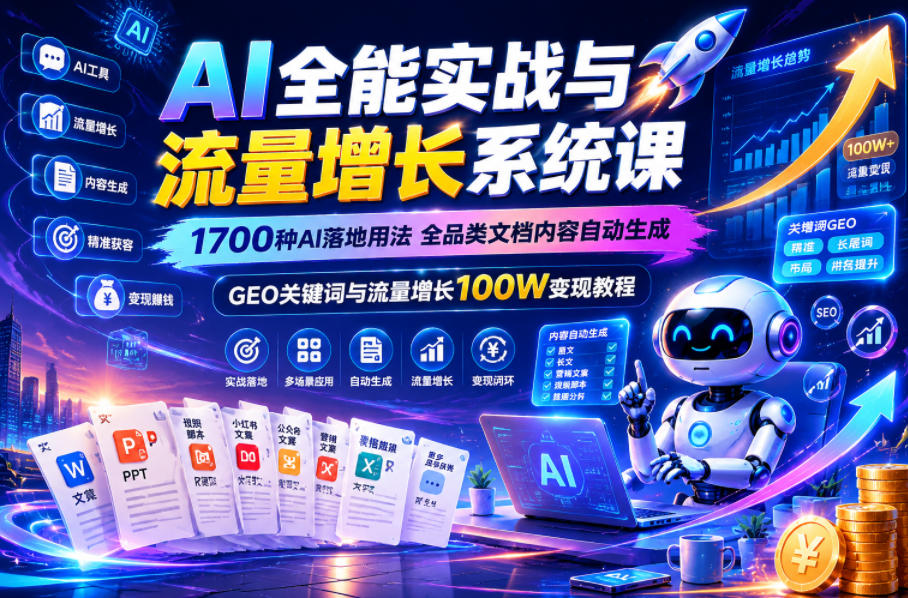AI全能实战与流量增长系统课，1700种AI落地用法，全品类文档内容自动生成，GEO关键词与流量增长100W变现教程| 鹿鸣网创