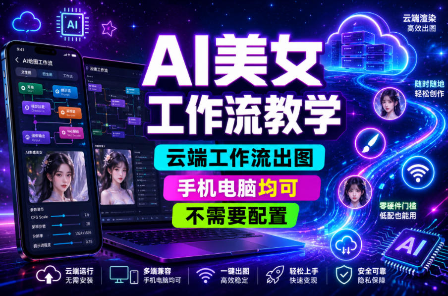 AI美女工作流教学，云端工作流出图，手机电脑均可，不需要配置，快速起号涨粉| 鹿鸣网创