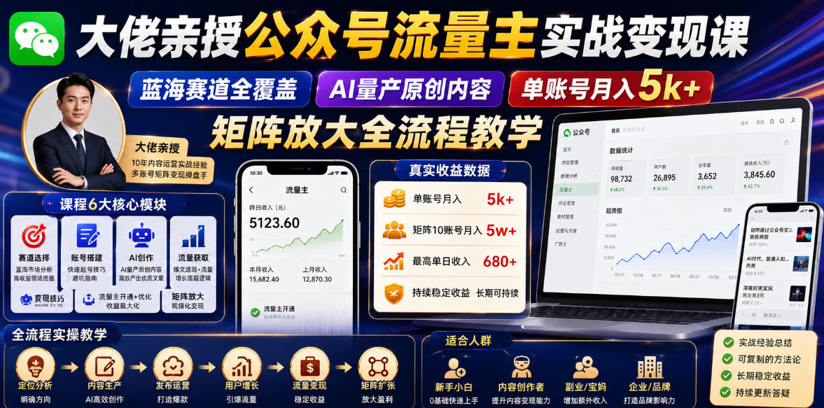大佬亲授公众号流量主实战变现课，蓝海赛道全覆盖，AI量产原创内容，单账号月入5k+矩阵放大全流程教学| 鹿鸣网创