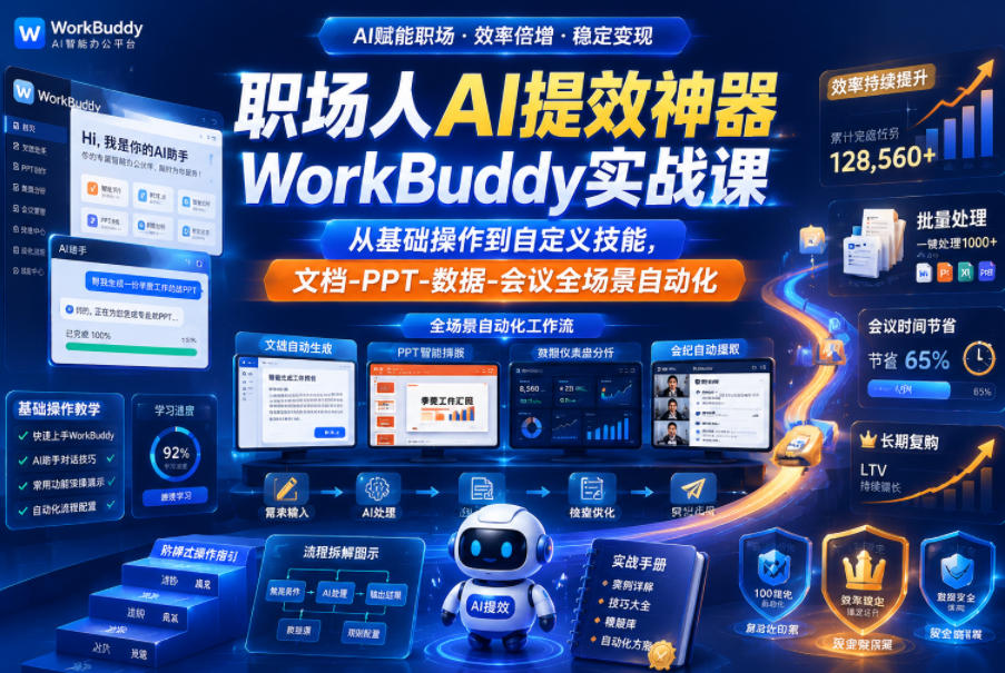职场人AI提效神器WorkBuddy实战课，从基础操作到自定义技能，文档-PPT-数据-会议全场景自动化| 鹿鸣网创