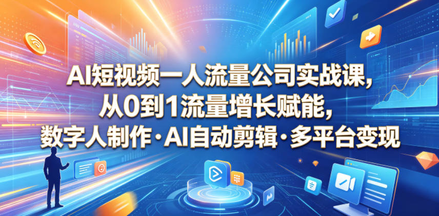 AI短视频一人流量公司实战课，从0到1流量增长赋能，数字人制作・AI自动剪辑・多平台变现，一人做流量生意全落地教程| 鹿鸣网创