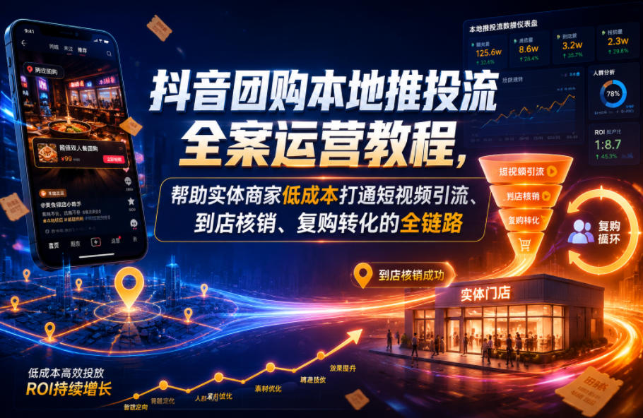 抖音团购本地推投流全案运营教程，帮助实体商家低成本打通短视频引流、到店核销、复购转化的全链路| 鹿鸣网创