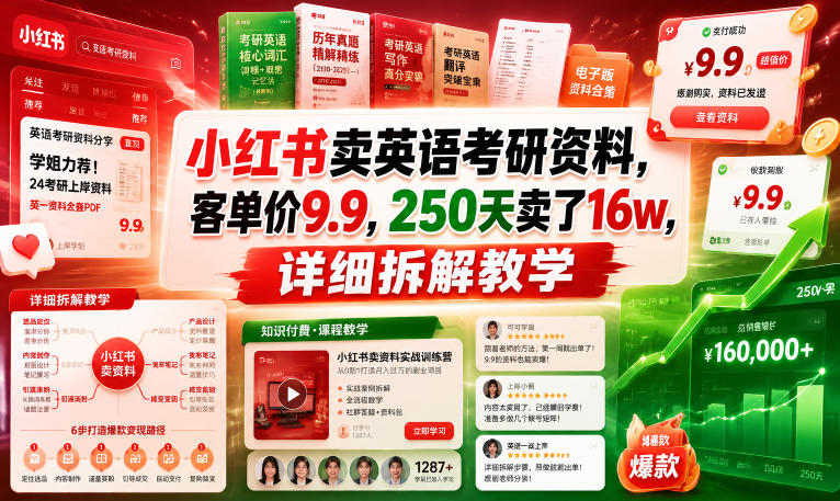 小红书卖英语考研资料，客单价9.9，250天卖了16w，详细拆解教学| 鹿鸣网创