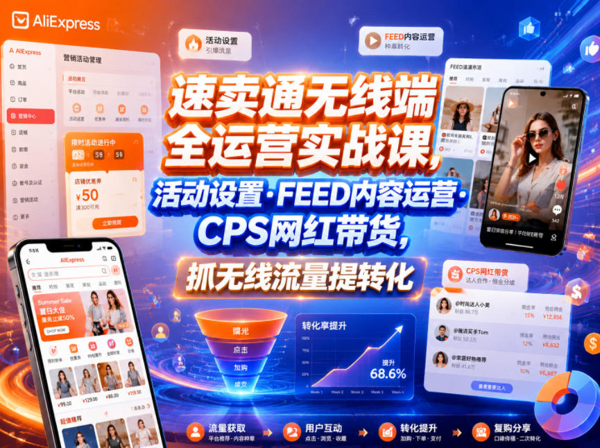 速卖通无线端全运营实战课，活动设置・FEED内容运营・CPS网红带货，抓无线流量提转化| 鹿鸣网创