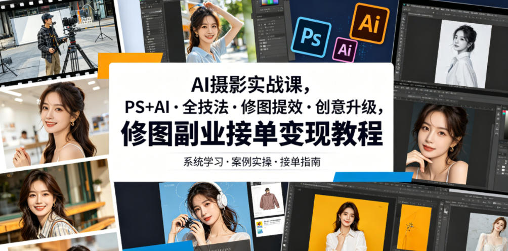 AI摄影实战课，PS+AI・全技法・修图提效・创意升级，修图副业接单变现教程| 鹿鸣网创