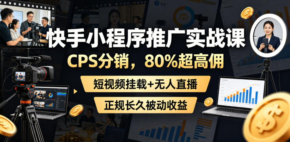 快手小程序推广实战课，CPS分销，80%超高佣，短视频挂载+无人直播，正规长久被动收益| 鹿鸣网创