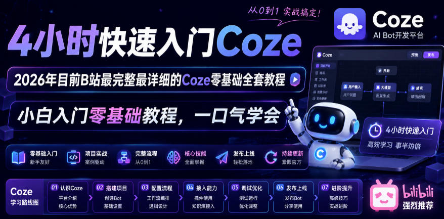 4小时快速入门Coze！2026年目前B站最完整最详细的Coze零基础全套教程，小白入门零基础教程，一口气学会！| 鹿鸣网创