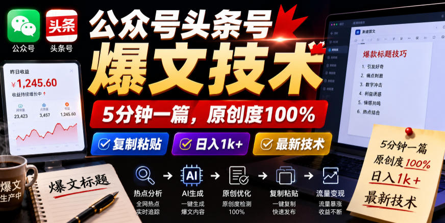 公众号头条号爆文技术，5分钟一篇，原创度100%，复制粘贴，日入1k+，最新技术【揭秘】| 鹿鸣网创