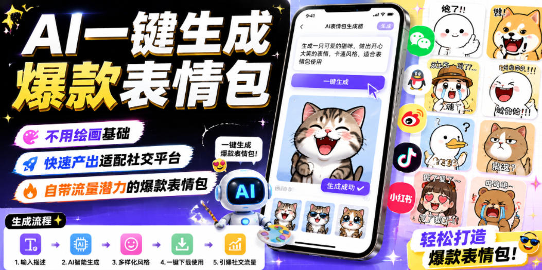 AI一键生成爆款表情包，不用绘画基础，快速产出适配社交平台，自带流量潜力的爆款表情包| 鹿鸣网创
