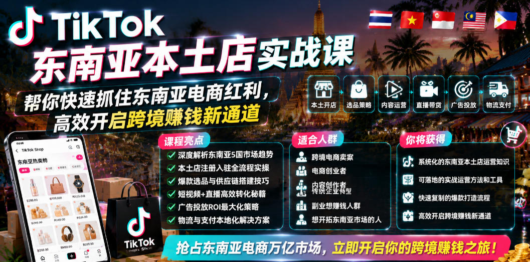 TikTok东南亚本土店实战课，帮你快速抓住东南亚电商红利，高效开启跨境賺钱新通道| 鹿鸣网创