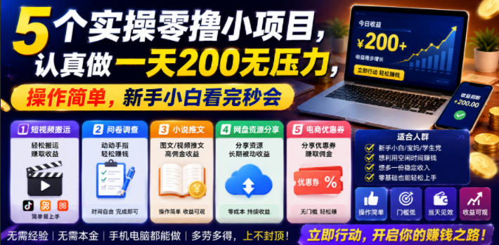 5个实操零撸小项目，认真做一天200无压力，操作简单，新手小白看完秒会【揭秘】| 鹿鸣网创