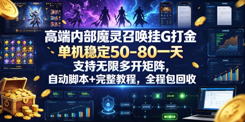 高端内部魔灵召唤挂G打金，单机稳定50-80一天，支持无限多开矩阵，自动脚本+完整教程，全程包回收【揭秘】| 鹿鸣网创