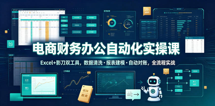 电商财务办公自动化实操课，Excel+影刀双工具，数据清洗・报表建模・自动对账，全流程实战| 鹿鸣网创