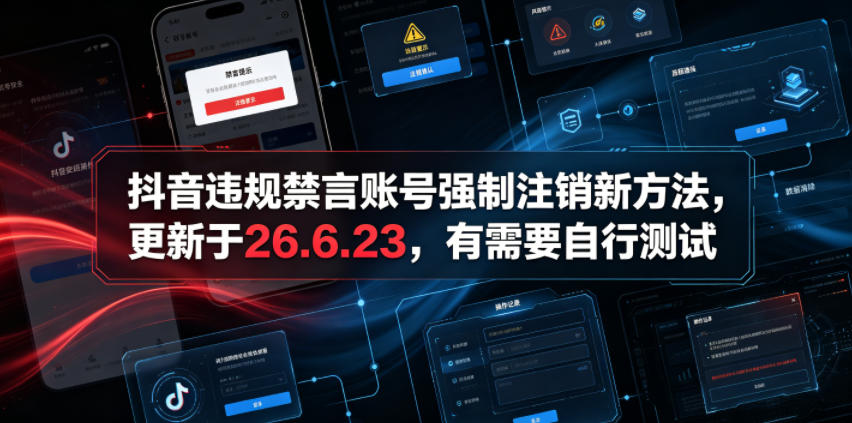 抖音违规禁言账号强制注销新方法，更新于26.6.23，有需要自行测试| 鹿鸣网创