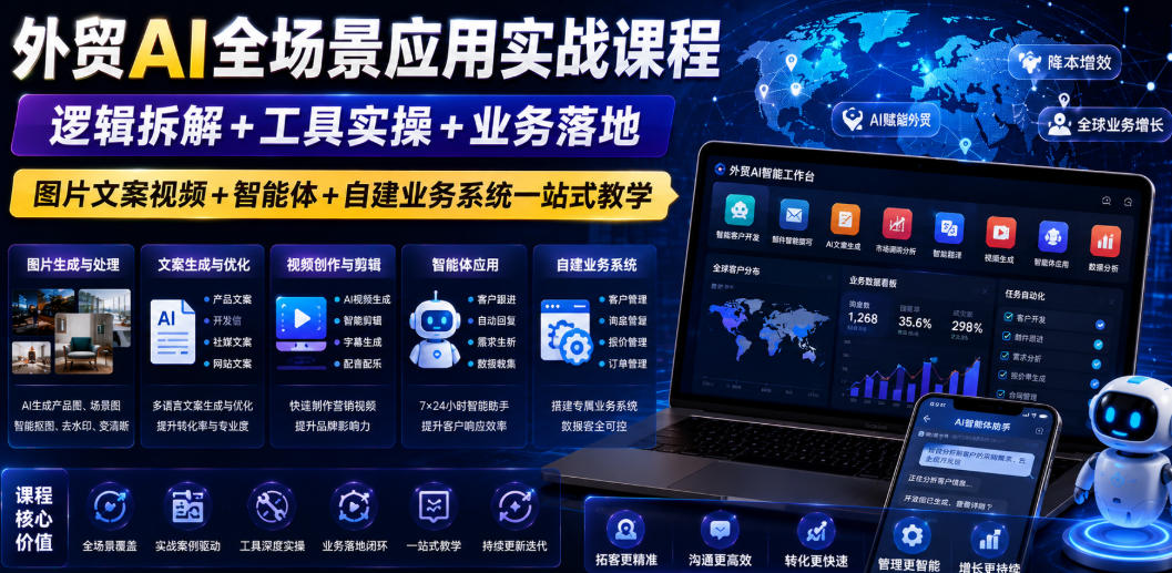 外贸AI全场景应用实战课程｜逻辑拆解+工具实操+业务落地，图片文案视频+智能体+自建业务系统一站式教学| 鹿鸣网创