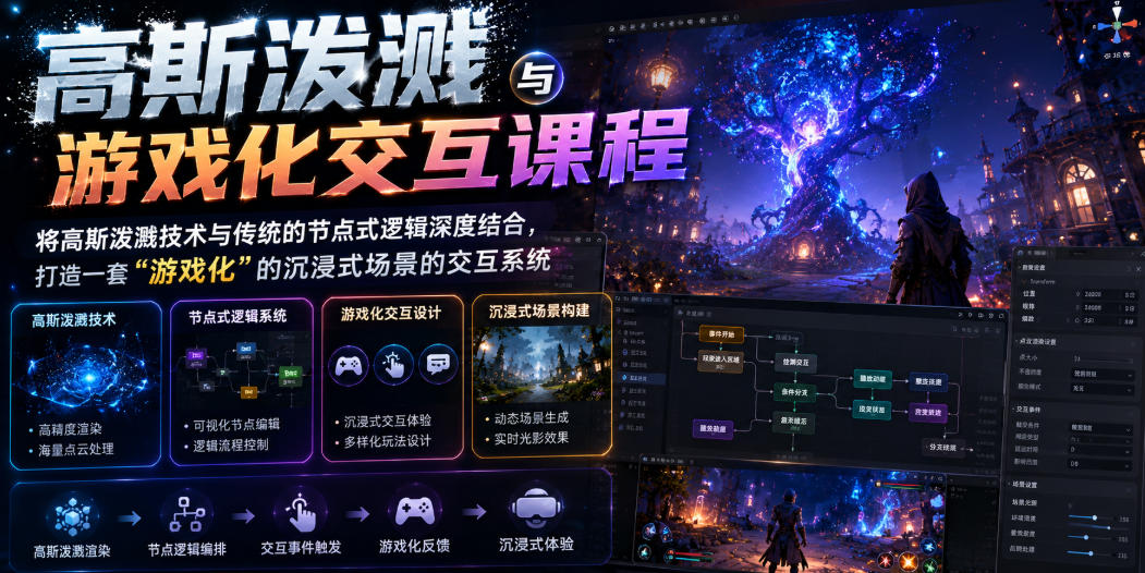 高斯泼溅与游戏化交互课程，将高斯泼溅技术与传统的节点式逻辑深度结合，打造一套“游戏化”的沉浸式场景的交互系统| 鹿鸣网创