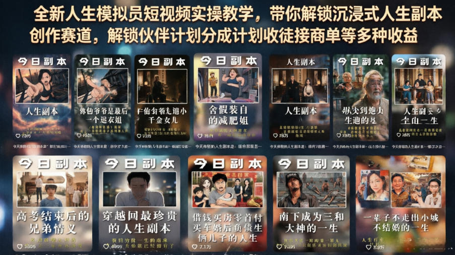 全新人生模拟员短视频实操教学，带你解锁沉浸式人生副本创作赛道，解锁伙伴计划分成计划收徒接商单等多种收益| 鹿鸣网创