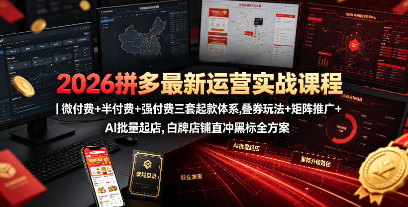 2026拼多多最新运营实战课程｜微付费+半付费+强付费三套起款体系，叠券玩法+矩阵推广+AI批量起店，白牌店铺直冲黑标全方案| 鹿鸣网创