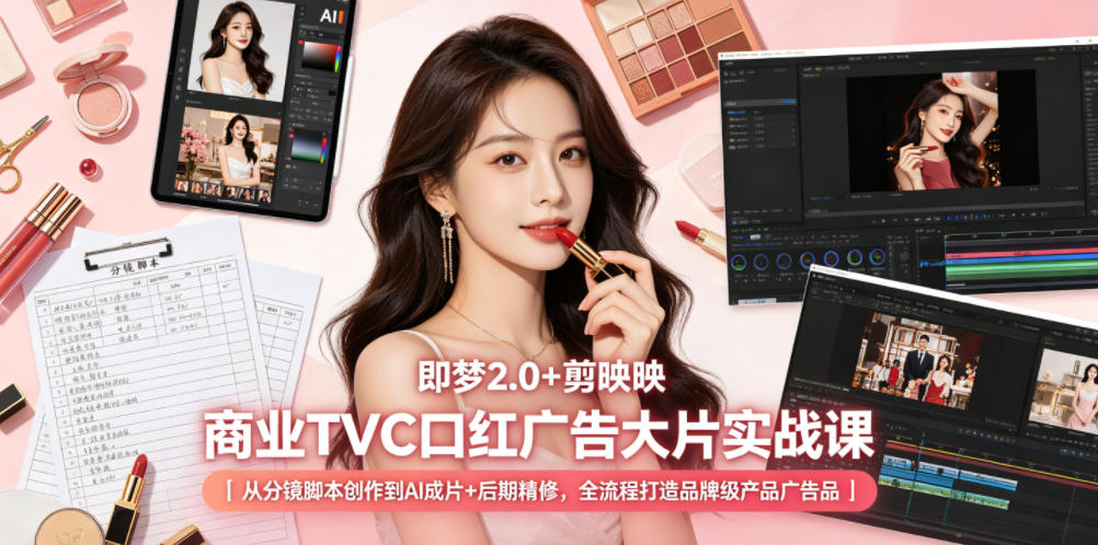 即梦2.0+剪映商业TVC口红广告大片实战课｜从分镜脚本创作到AI成片+后期精修，全流程打造品牌级产品广告| 鹿鸣网创