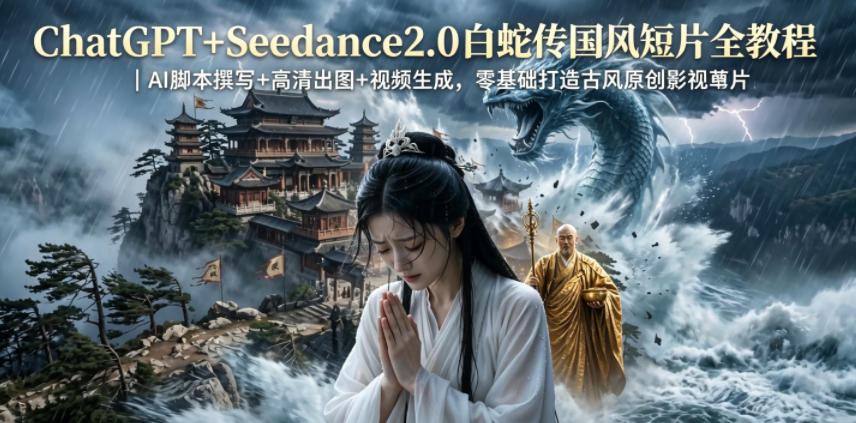ChatGPT+Seedance2.0白蛇传国风短片全教程｜AI脚本撰写+高清出图+视频生成，零基础打造古风原创影视短片| 鹿鸣网创