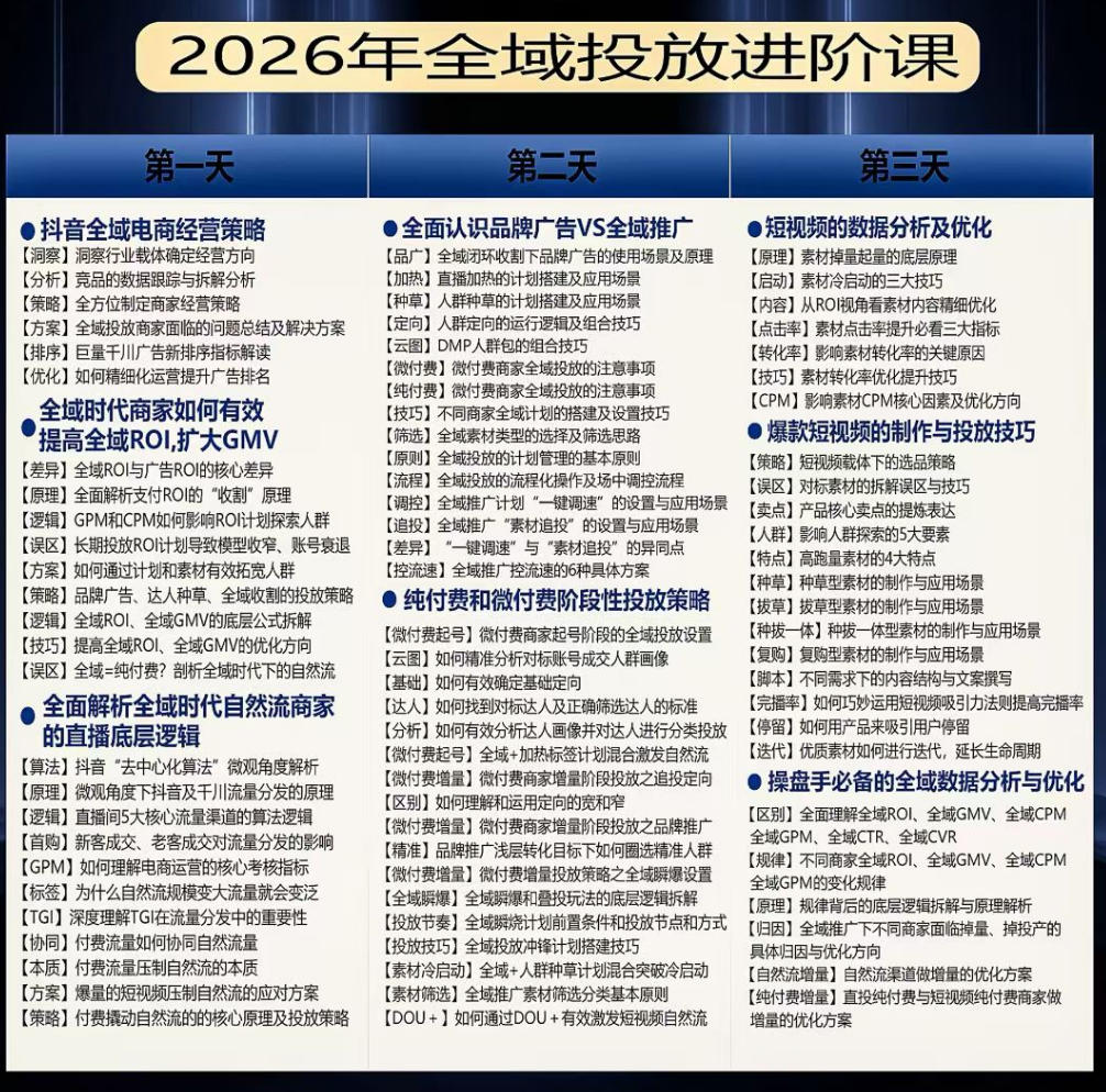千川扫地僧2026抖音全域投放进阶课，少走弯路·快速起量·掌控增长，6月12-14号杭州线下课（更新）| 鹿鸣网创