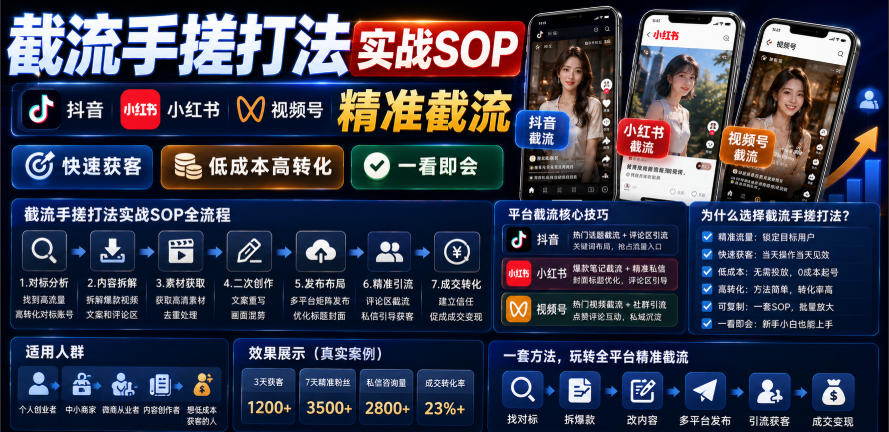 截流手搓打法实战SOP，抖音小红书视频号精准截流，快速获客，低成本高转化，一看即会| 鹿鸣网创