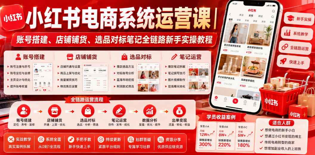 小红书电商系统运营课｜账号搭建、店铺铺货、选品对标笔记全链路新手实操教程| 鹿鸣网创