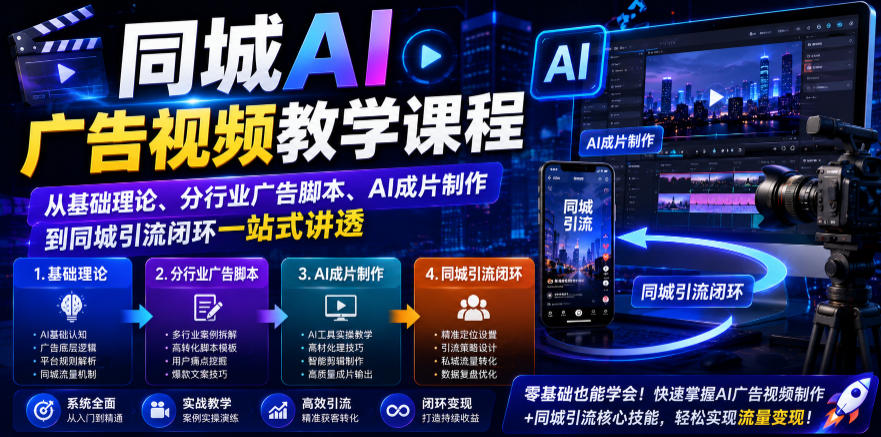 同城AI广告视频教学课程，从基础理论、分行业广告脚本、AI成片制作到同城引流闭环一站式讲透| 鹿鸣网创